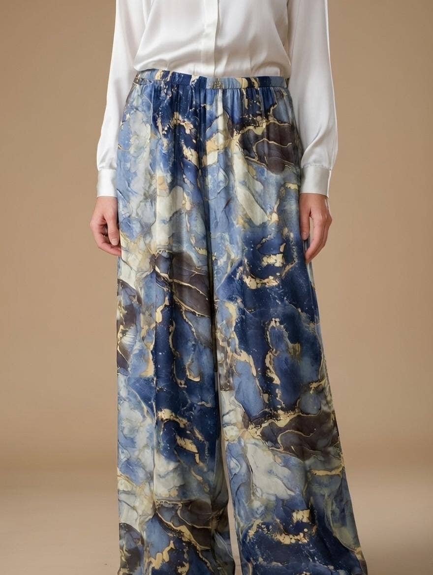 Marble Print Silk Straight Leg Pants