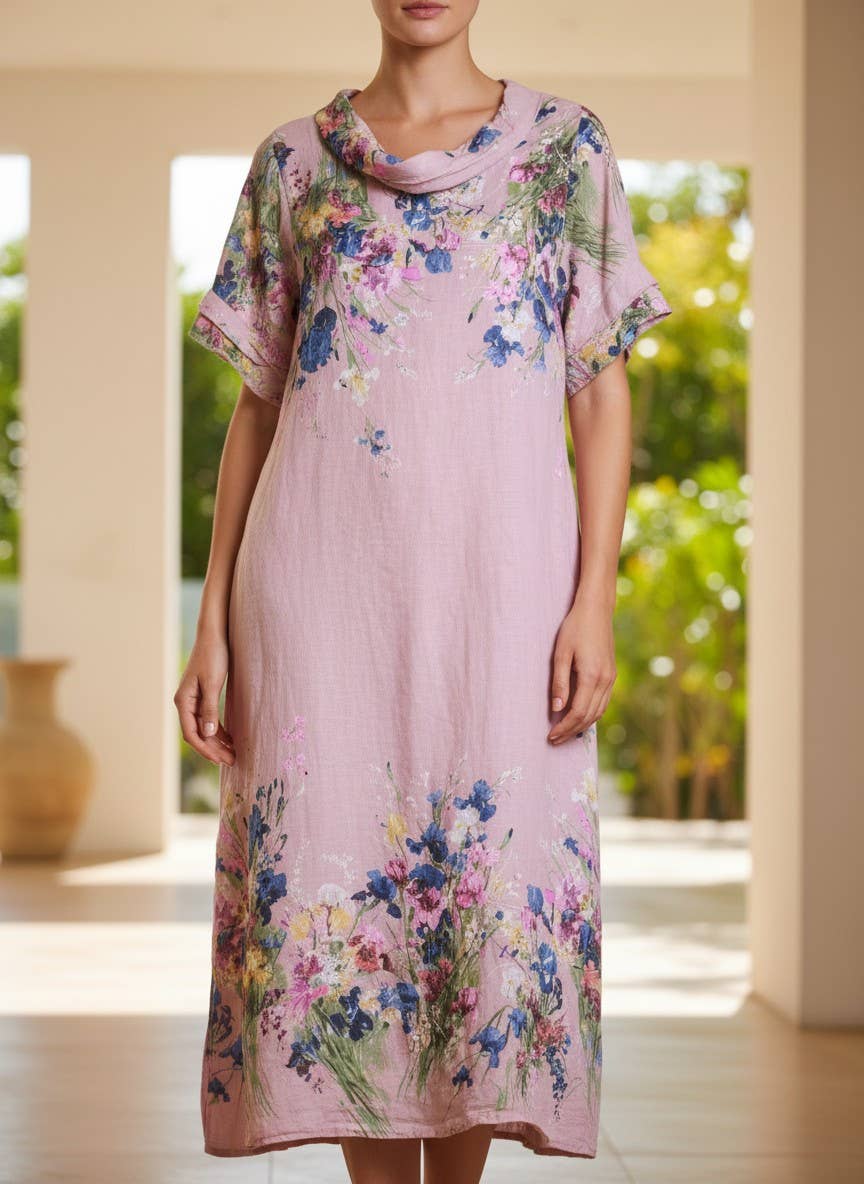 100% Linen floral-print dress with draped neckline