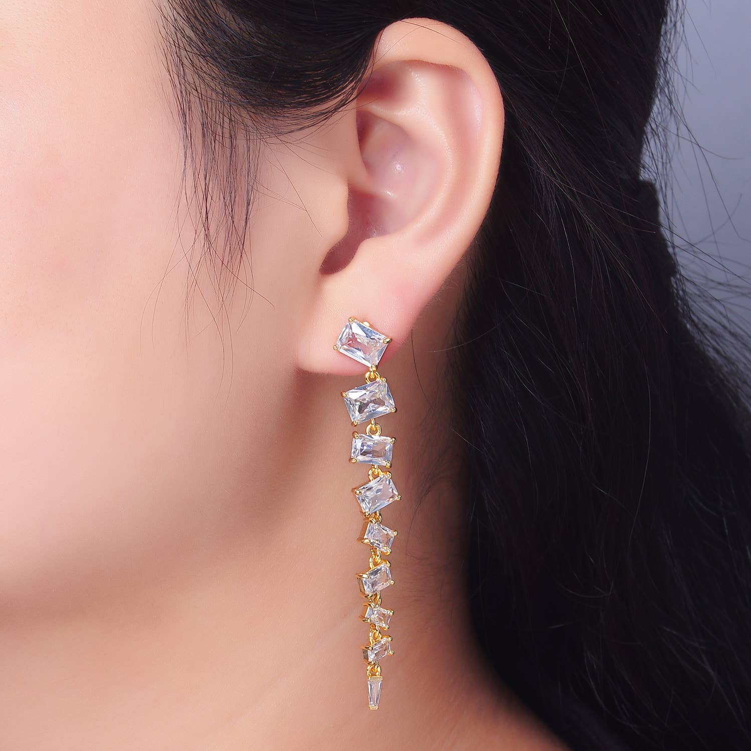 24K Gold Filled CZ Baguette Stud Dangle Earring