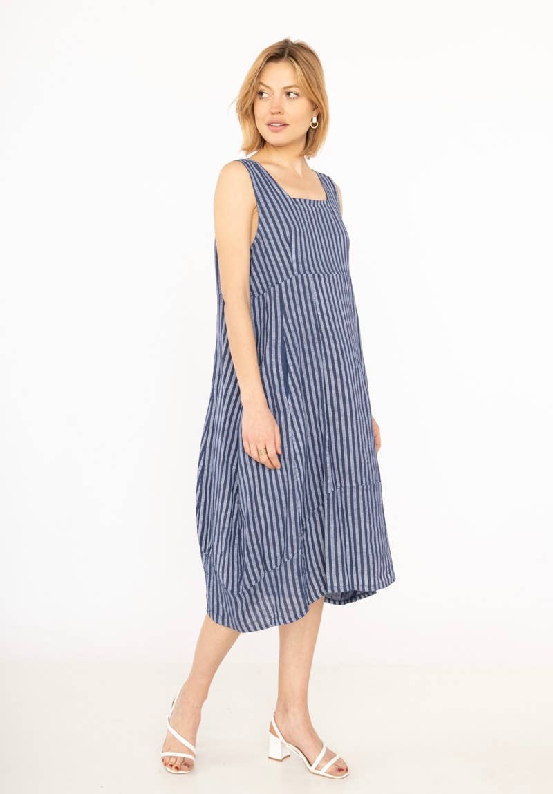322 LINEN DRESS WITH VERTICAL STRIPES: OLIVE
