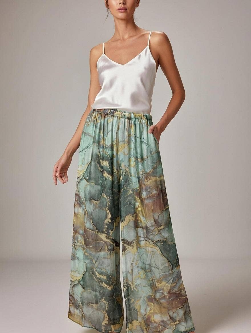 Marble Print Silk Straight Leg Pants