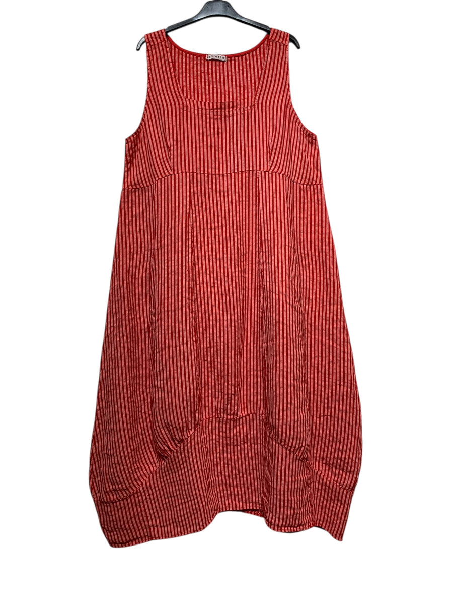 322 LINEN DRESS WITH VERTICAL STRIPES: Red