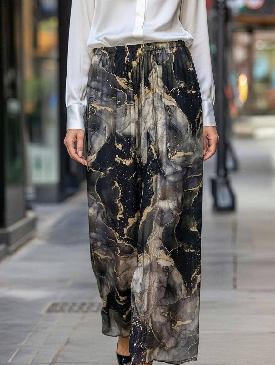 Marble Print Silk Straight Leg Pants