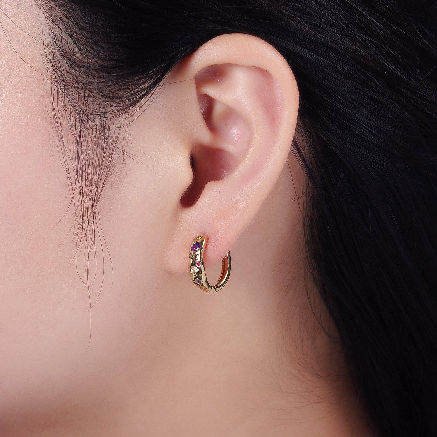 14K Gold Filled Multi color CZ Dot Marquise Heart Huggie Earrings