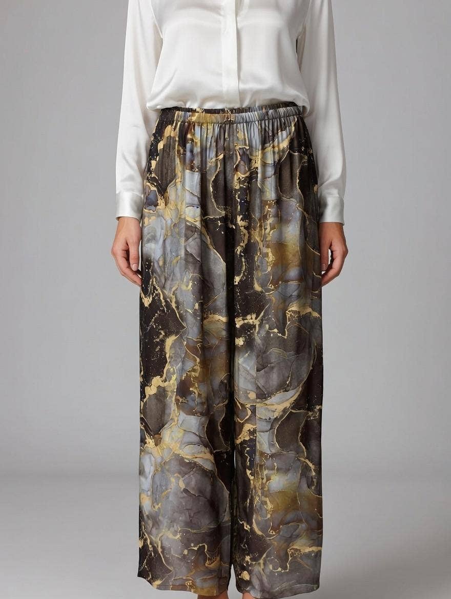 Marble Print Silk Straight Leg Pants