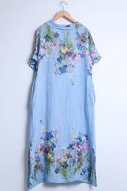 100% Linen floral-print dress with draped neckline