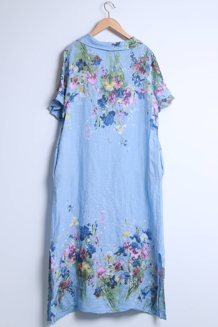 100% Linen floral-print dress with draped neckline