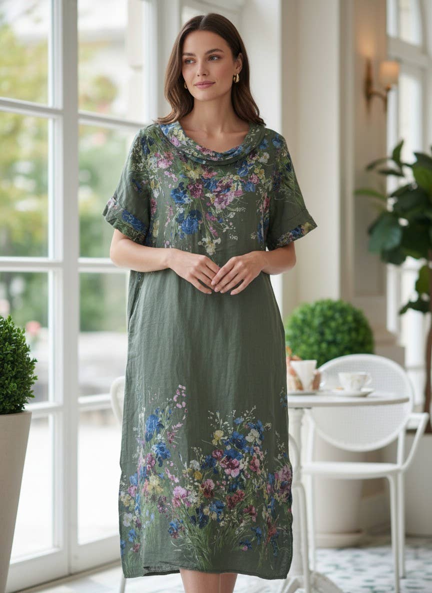 100% Linen floral-print dress with draped neckline