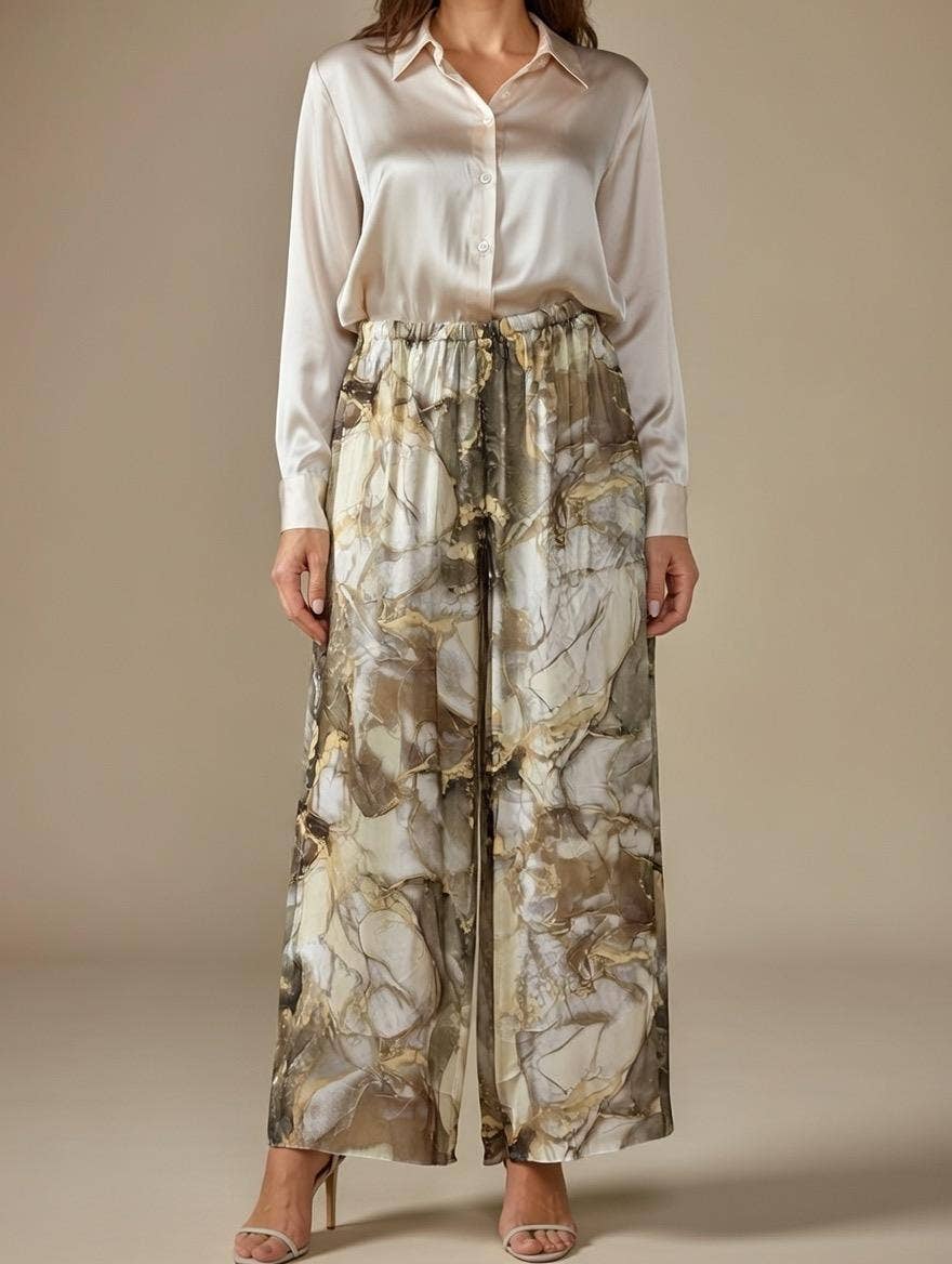 Marble Print Silk Straight Leg Pants