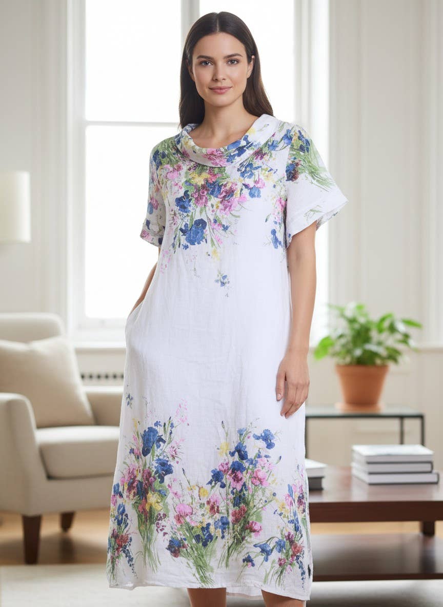100% Linen floral-print dress with draped neckline
