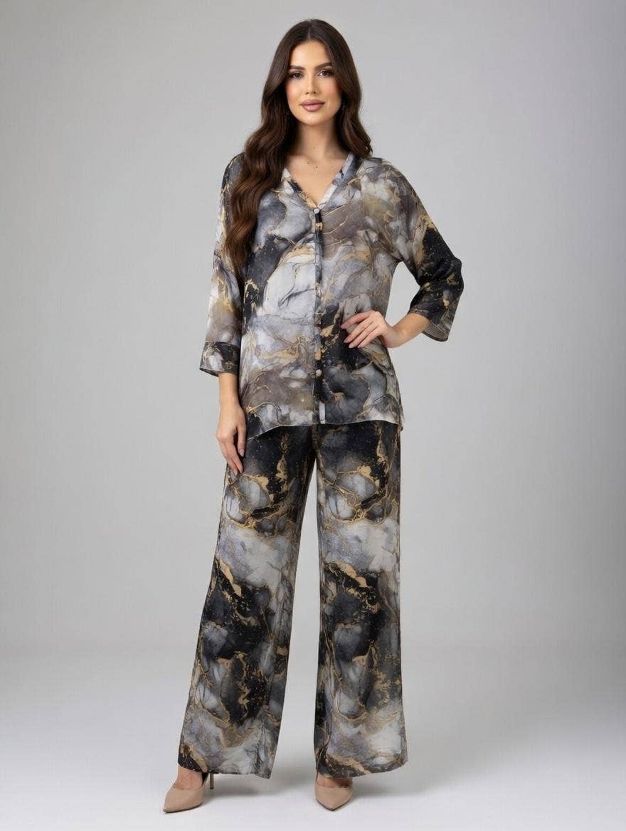 Marble Print Silk Straight Leg Pants
