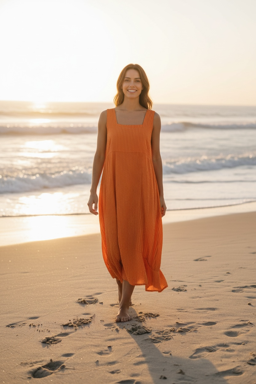 322 LINEN DRESS WITH VERTICAL STRIPES: MAUVE