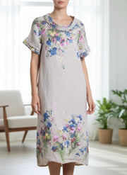 100% Linen floral-print dress with draped neckline