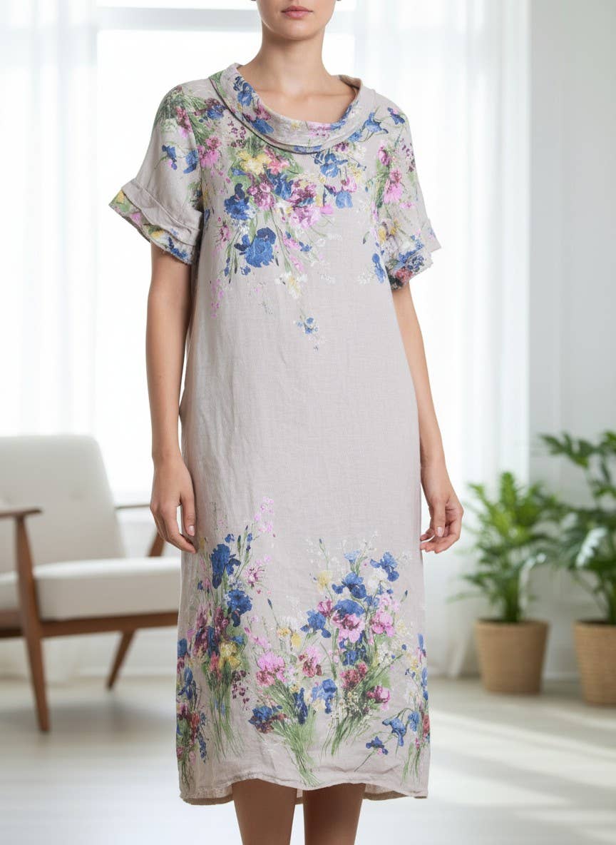 100% Linen floral-print dress with draped neckline