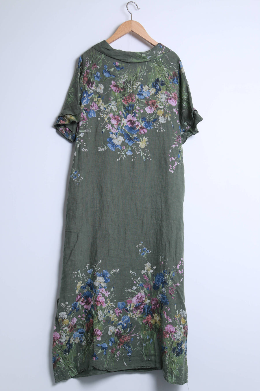 100% Linen floral-print dress with draped neckline