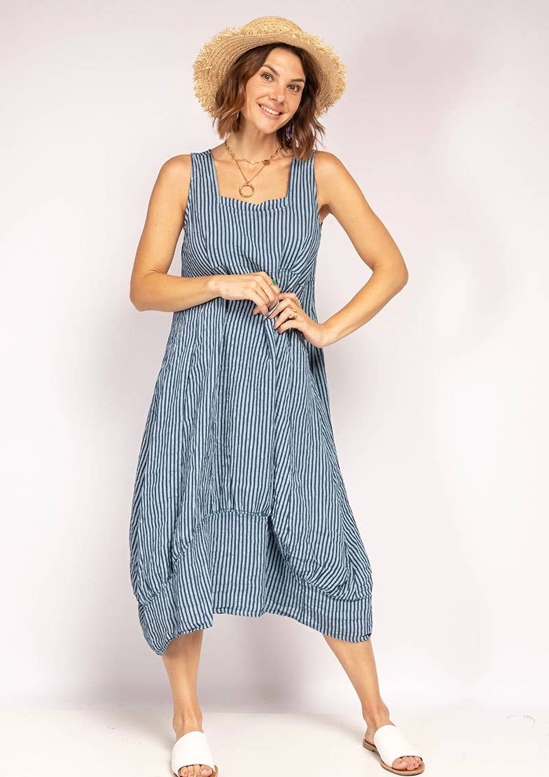 322 LINEN DRESS WITH VERTICAL STRIPES: OLIVE