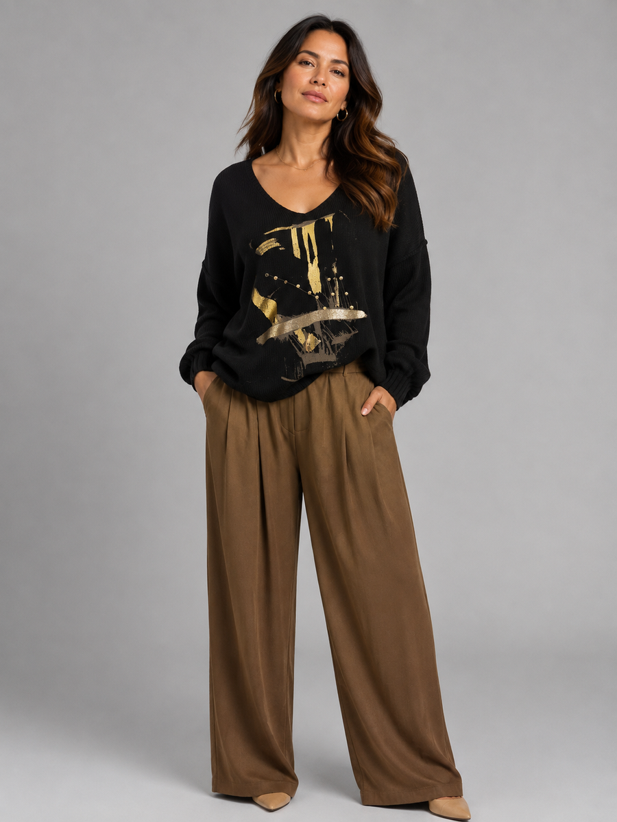 Relaxed Metallic V- neck Knit