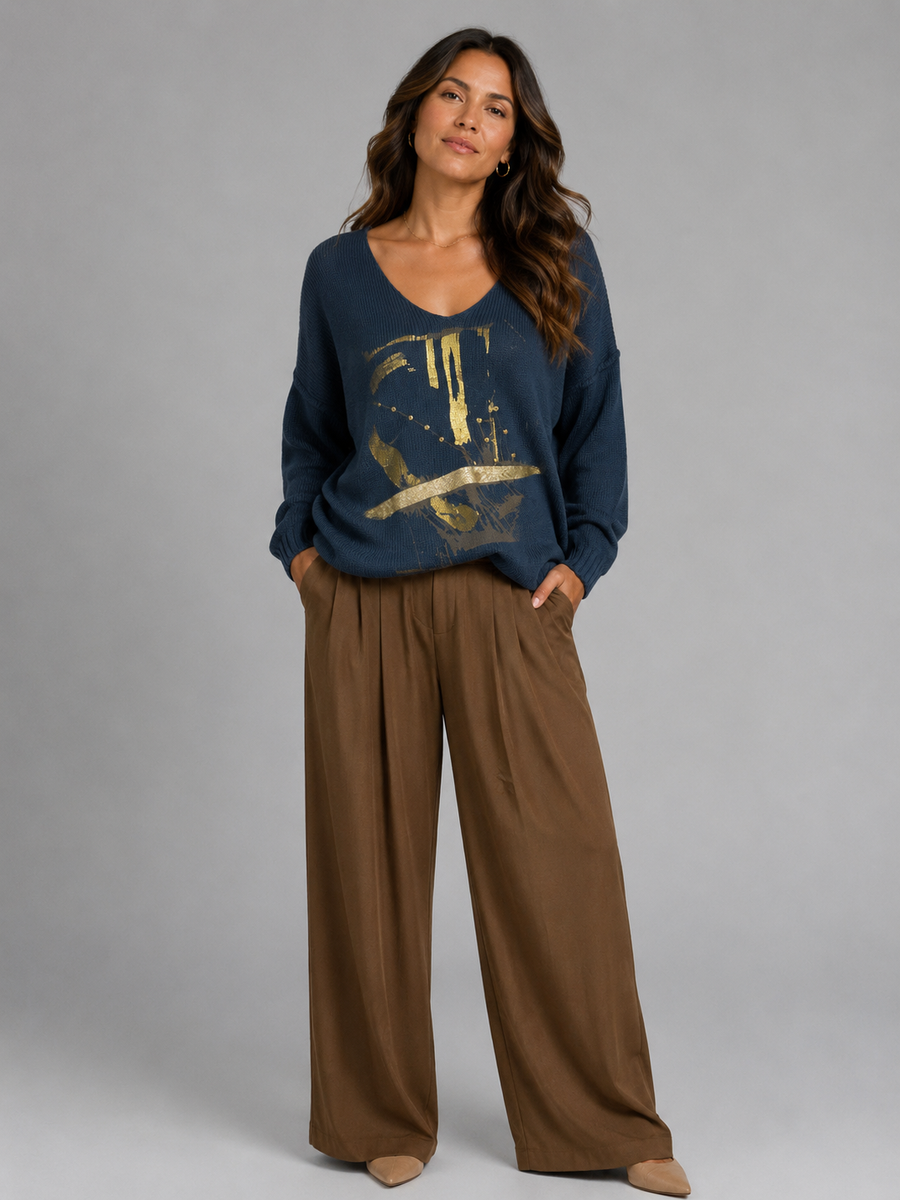 Relaxed Metallic V- neck Knit