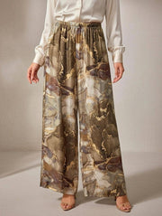 Marble Print Silk Straight Leg Pants