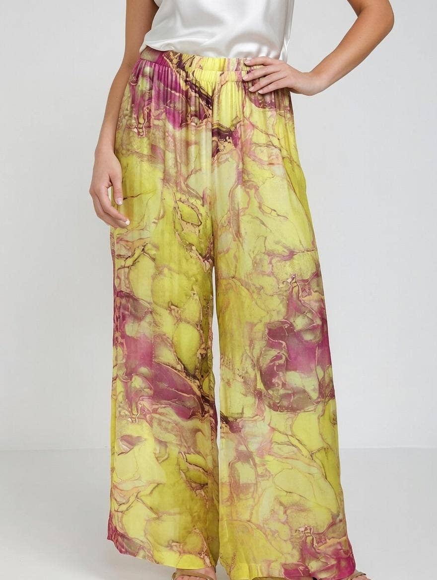 Marble Print Silk Straight Leg Pants