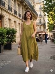 322 LINEN DRESS WITH VERTICAL STRIPES: OLIVE