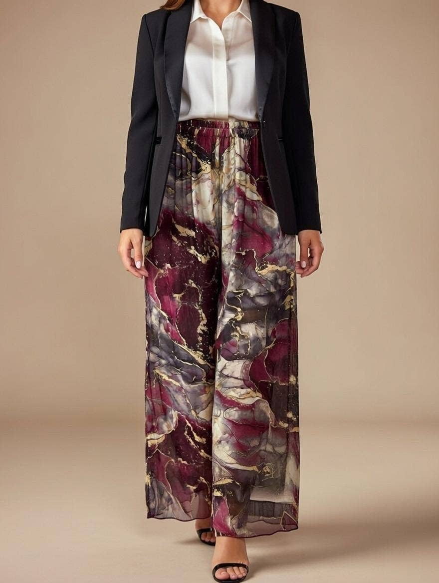 Marble Print Silk Straight Leg Pants