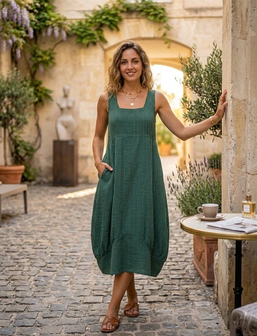 322 LINEN DRESS WITH VERTICAL STRIPES: OLIVE