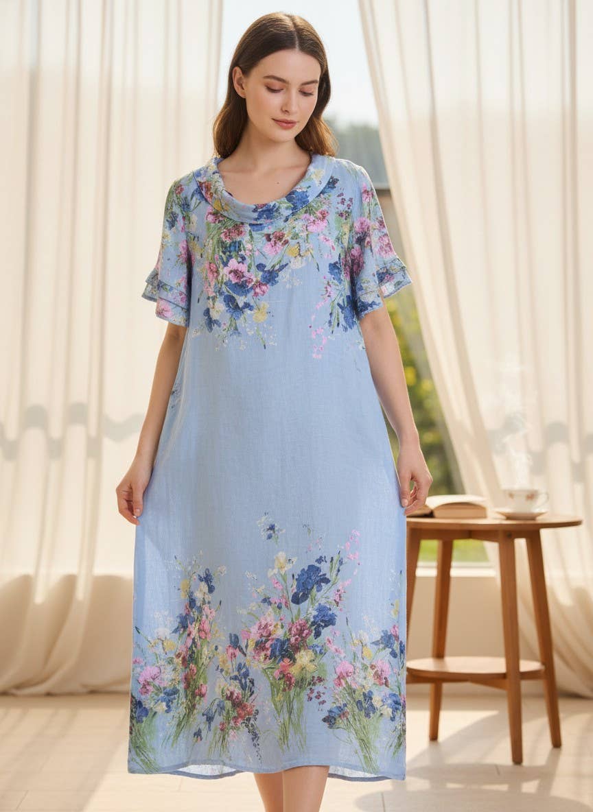 100% Linen floral-print dress with draped neckline