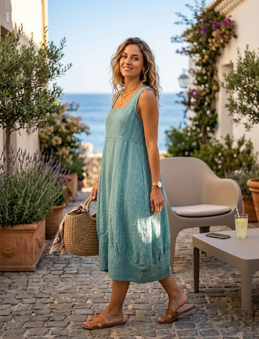 322 LINEN DRESS WITH VERTICAL STRIPES: Violet