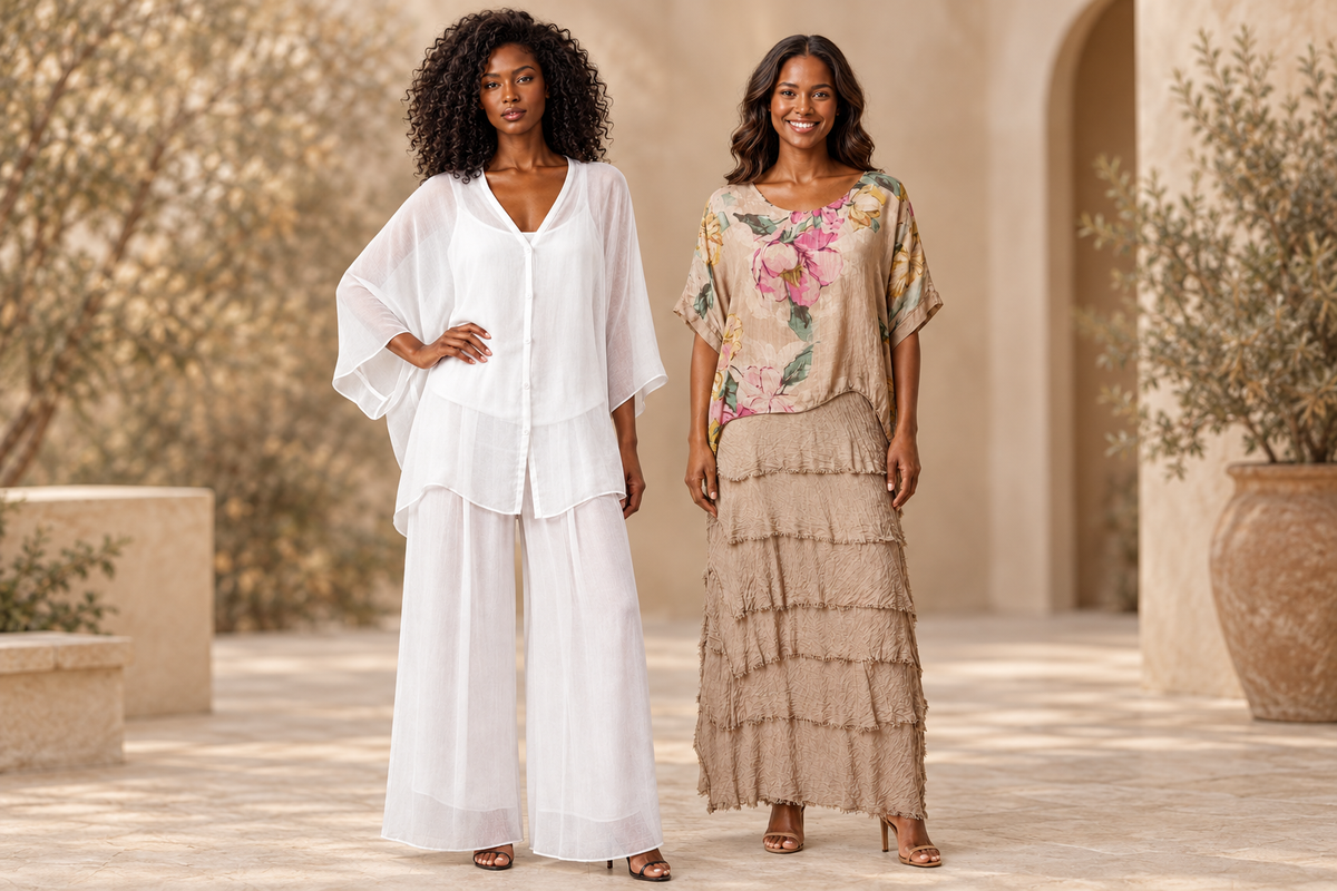 White and beige floral outfits against a soft warm background